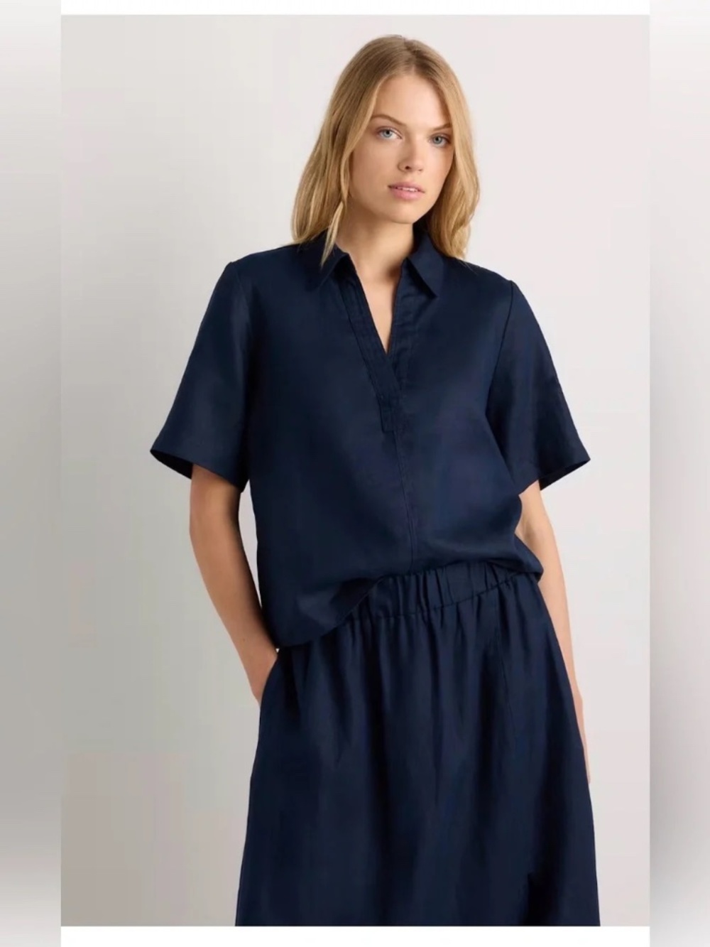 Quince 100% European Linen Short Sleeve Popover Top Navy Blue - Size L
